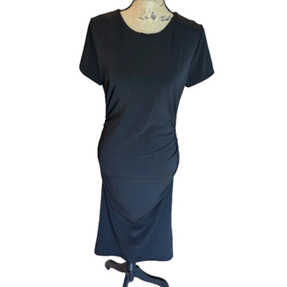 INC International Concepts Black Ruched Sheath Dress XL Short Sleeve Knee Length